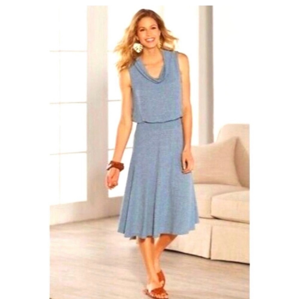 Soft Surroundings Blue Kerry Dress Sleeveless Cowl Neck Smocked Waist PS,pxs,s
